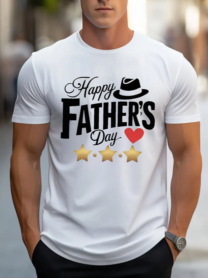 Men's Graphic T-Shirt Happy Fathers Day With Cute Red Heart And Golden Stars Fathers Theme