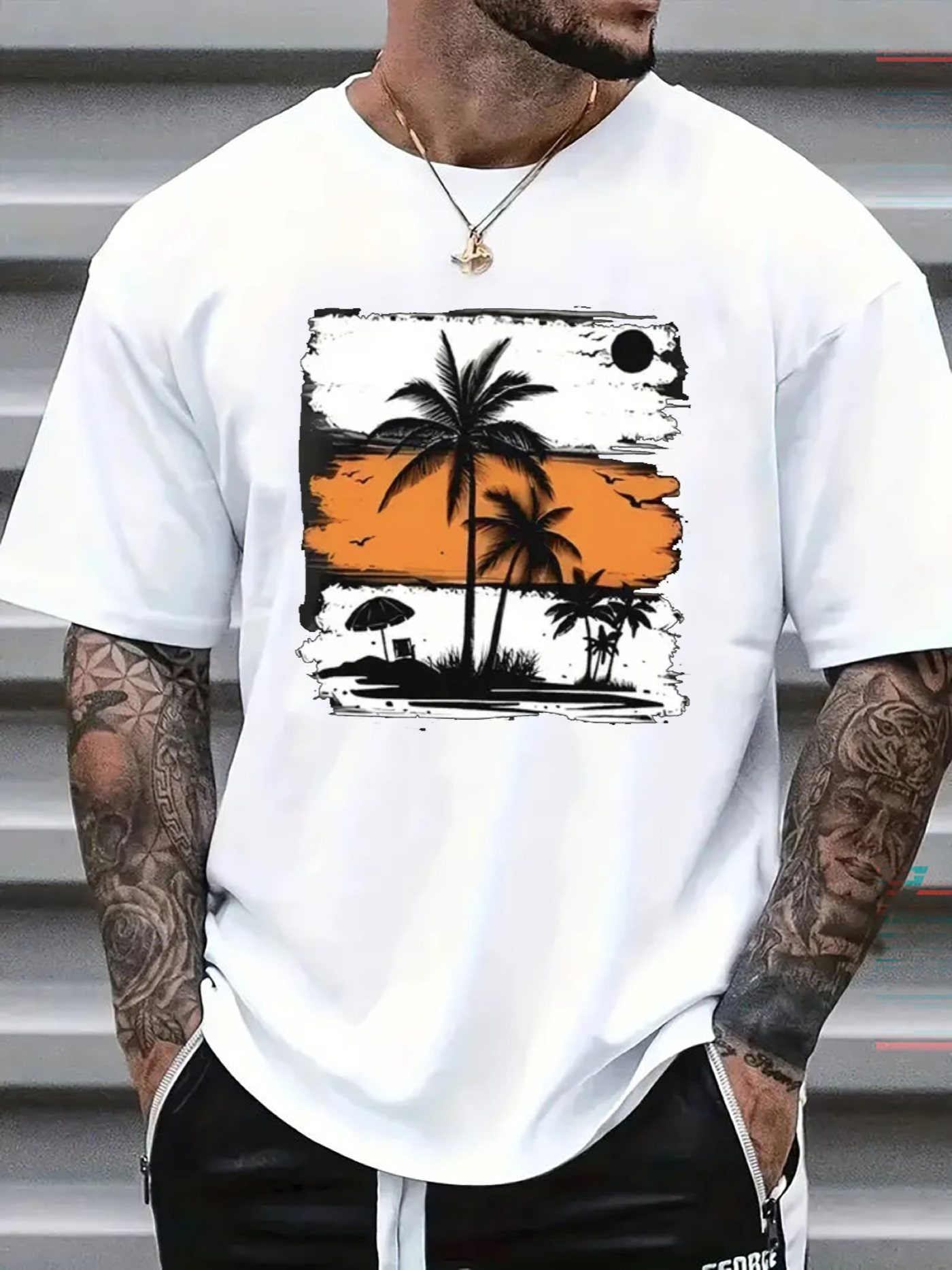 Men's Graphic T-Shirt Golden Sunset Silhouetted Palms With Black Sun Painted Landscape Palm Tree