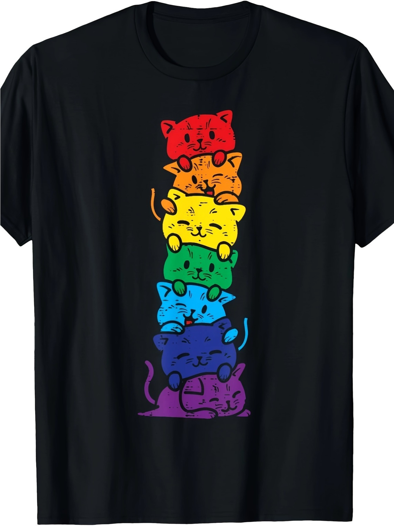 Men's Graphic T-Shirt Stacked Rainbow Colored Playful Cartoon Cats