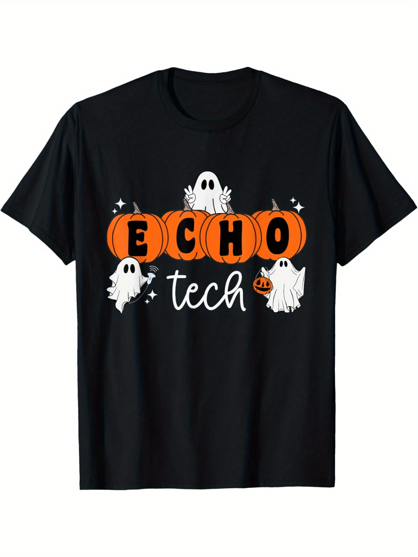 Men's Graphic T-Shirt Echo Tech With Halloween Pumpkins And Playful Ghosts Under Stars Shirt