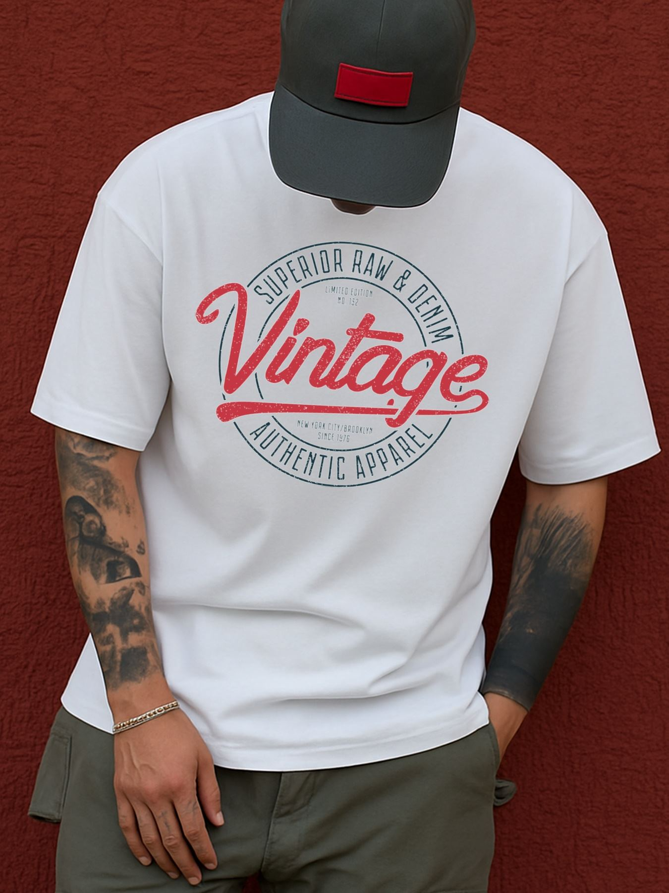 Men's Graphic T-Shirt Superior Raw Denim Scripted Lettering With Circular Stamp Print Vintage