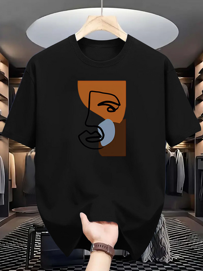 Men's Graphic T-Shirt Abstract Linear Face With Geometric Shapes And Contrasting Color Blocks