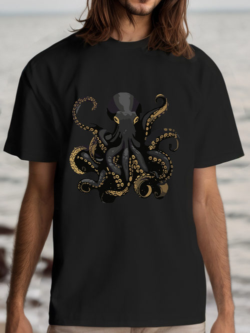 Men's Graphic T-Shirt Intricate Golden Patterns Underwater With Flowing Black Tentacles Octopus