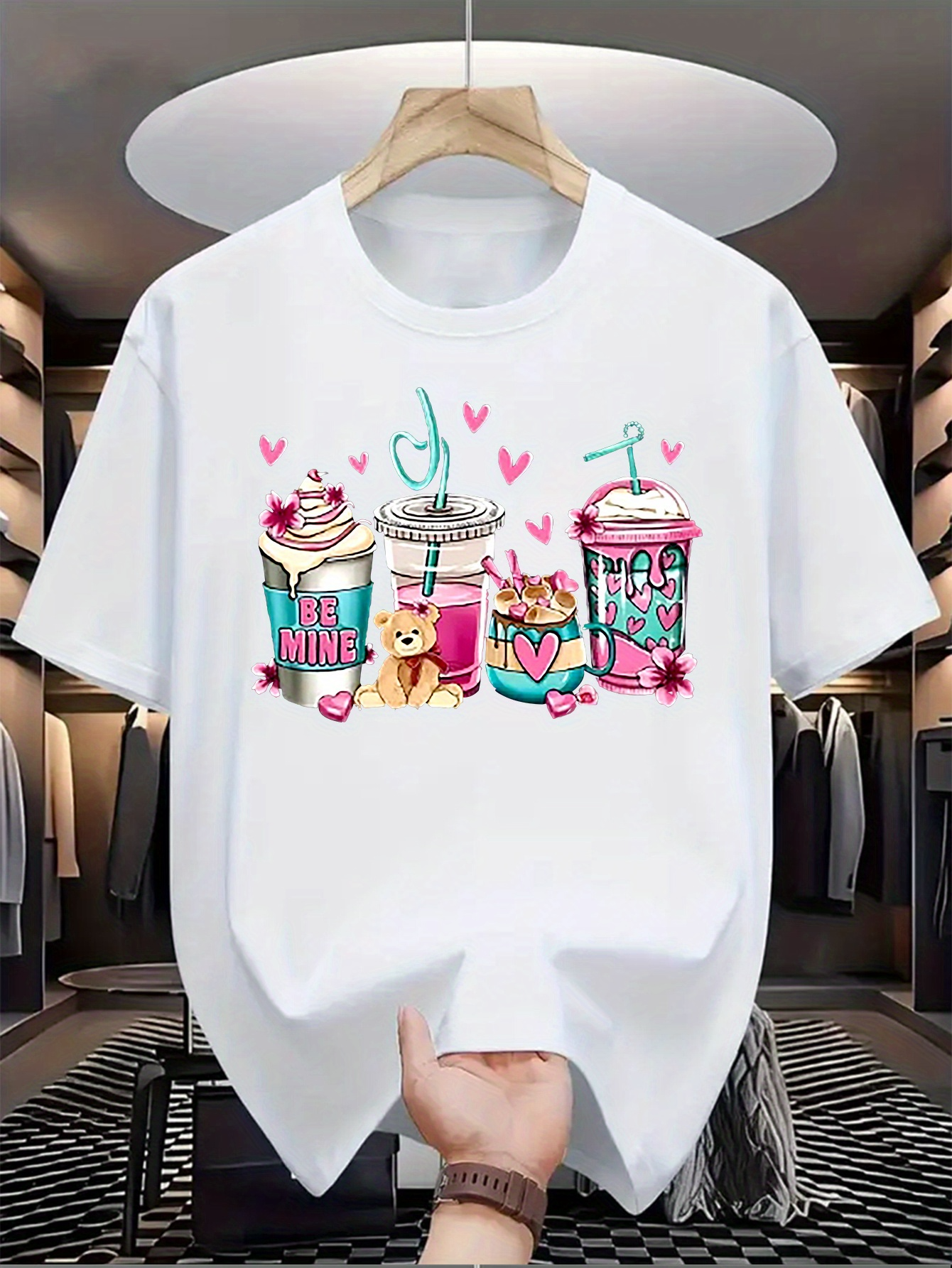 Men's Graphic T-Shirt Be Mine Rainbow Heart Sweets With Drinks Bears Cups And Love Hearts