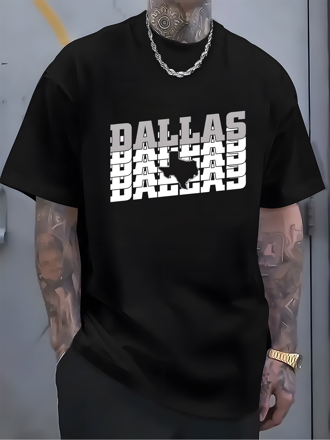 Men's Graphic T-Shirt Dallas Layered City Outline With Cowboy Silhouette Dallas