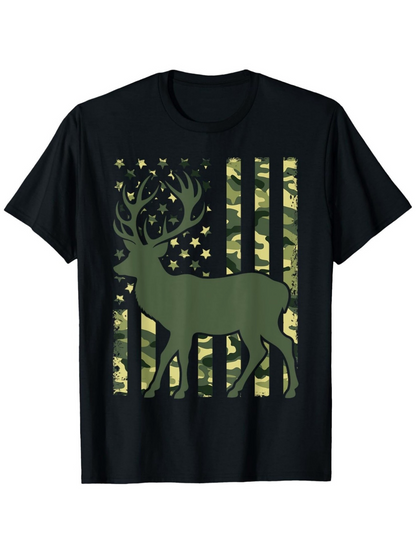 Men's Graphic T-Shirt Camo Patterned Stars And Stripes Behind Majestic Forest Deer