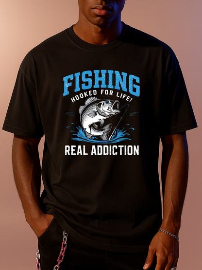 Men's Graphic T-Shirt Fishing Hooked For Life Real Addiction Splashing Water With Powerful Leaping Bass Fish