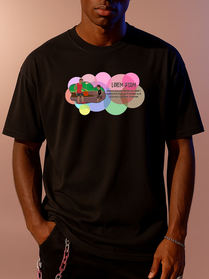 Men's Graphic T-Shirt Colorful Pastel Bubble Clouds Floating With Cartoon Train Engine