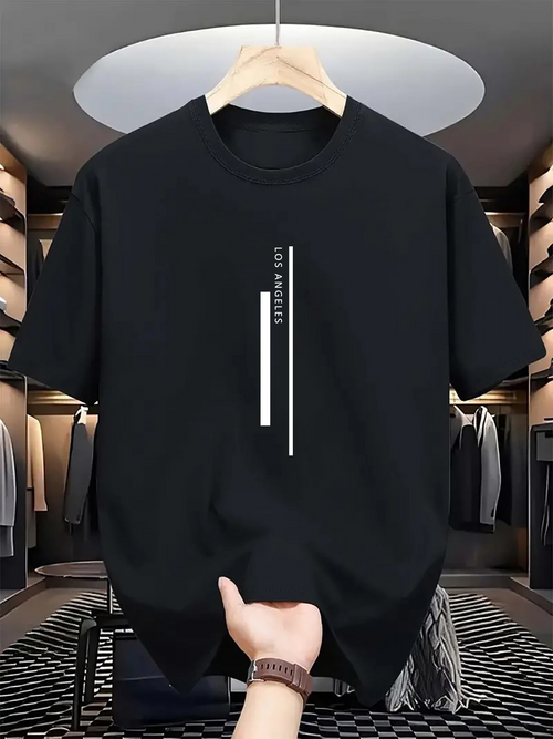 Men's Graphic T-Shirt Minimalist Striped Vertical Text Bar On Black Shirt