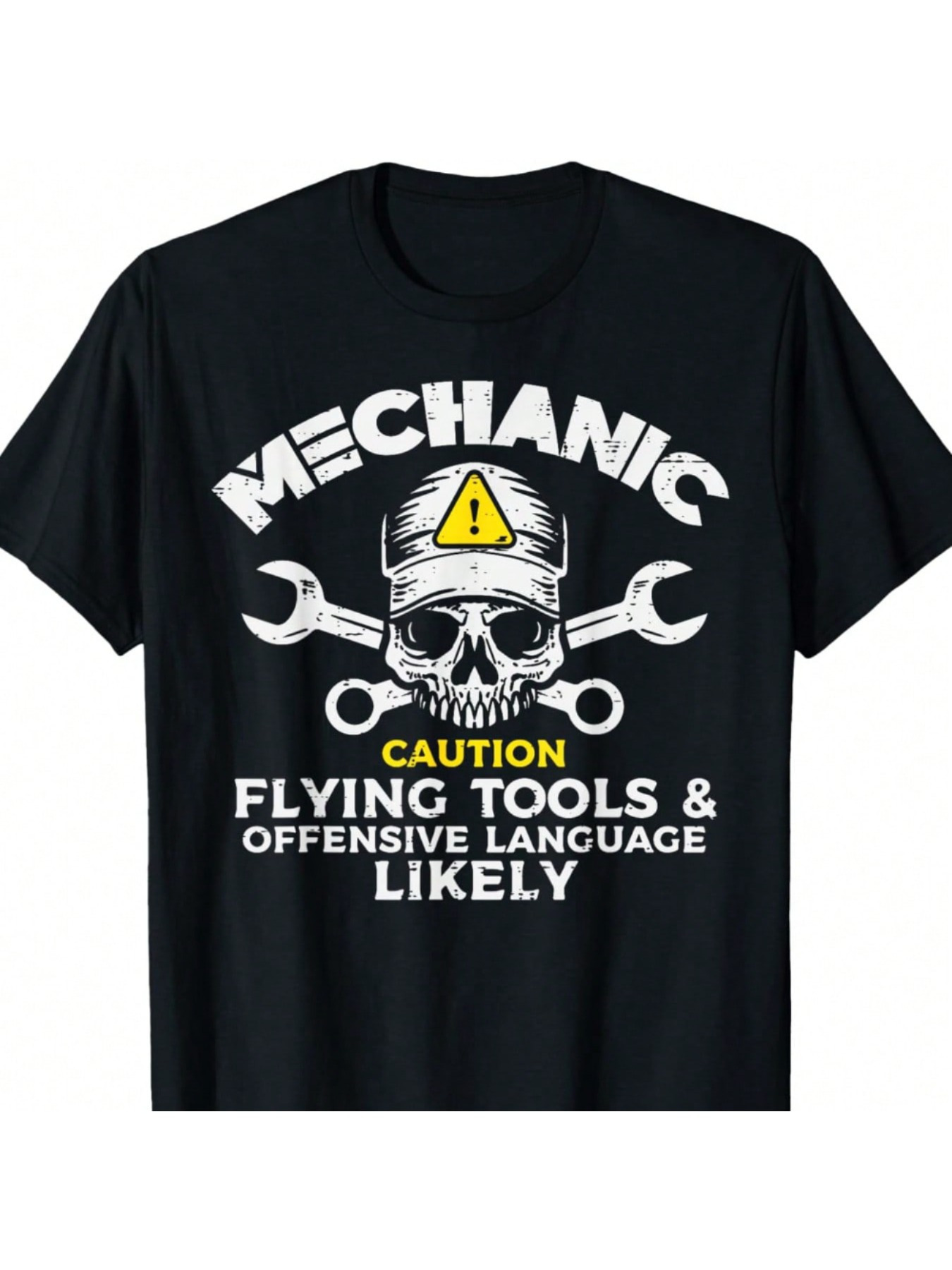 Men's Graphic T-Shirt Caution Warning Helmet With Wrenches And Skull Mechanic