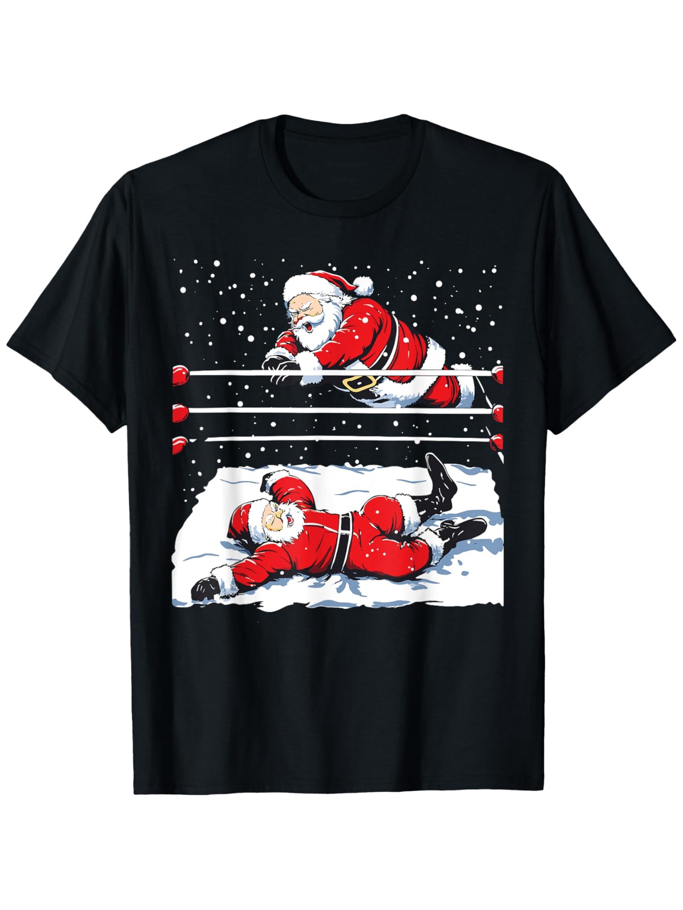 Men's Graphic T-Shirt Snowy Wrestling Match With Two Playful Santa Clauses In The Ring