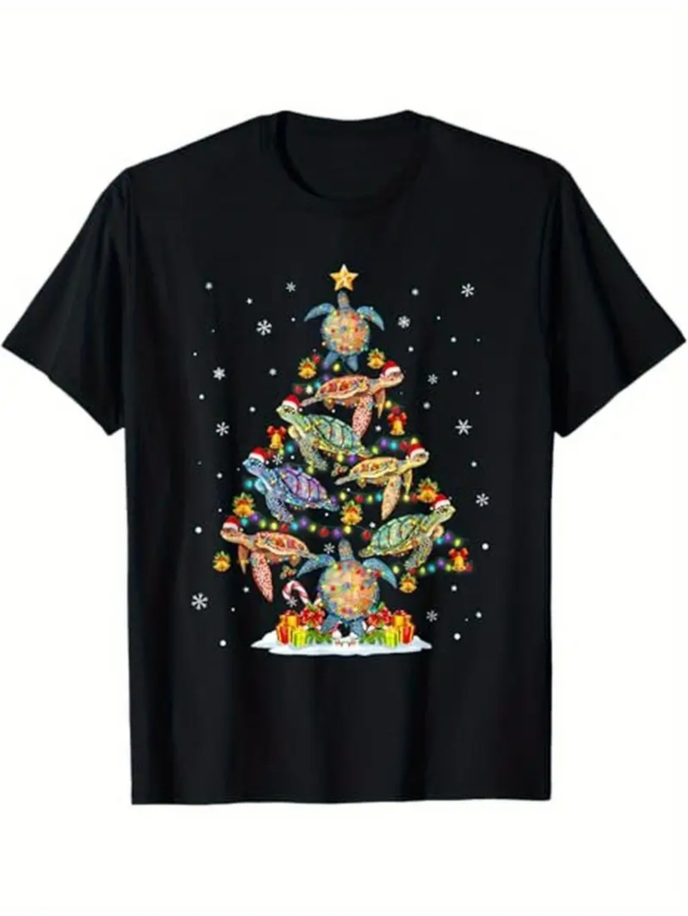 Men's Graphic T-Shirt Colorful Ocean Turtles Gathered Around Christmas Tree