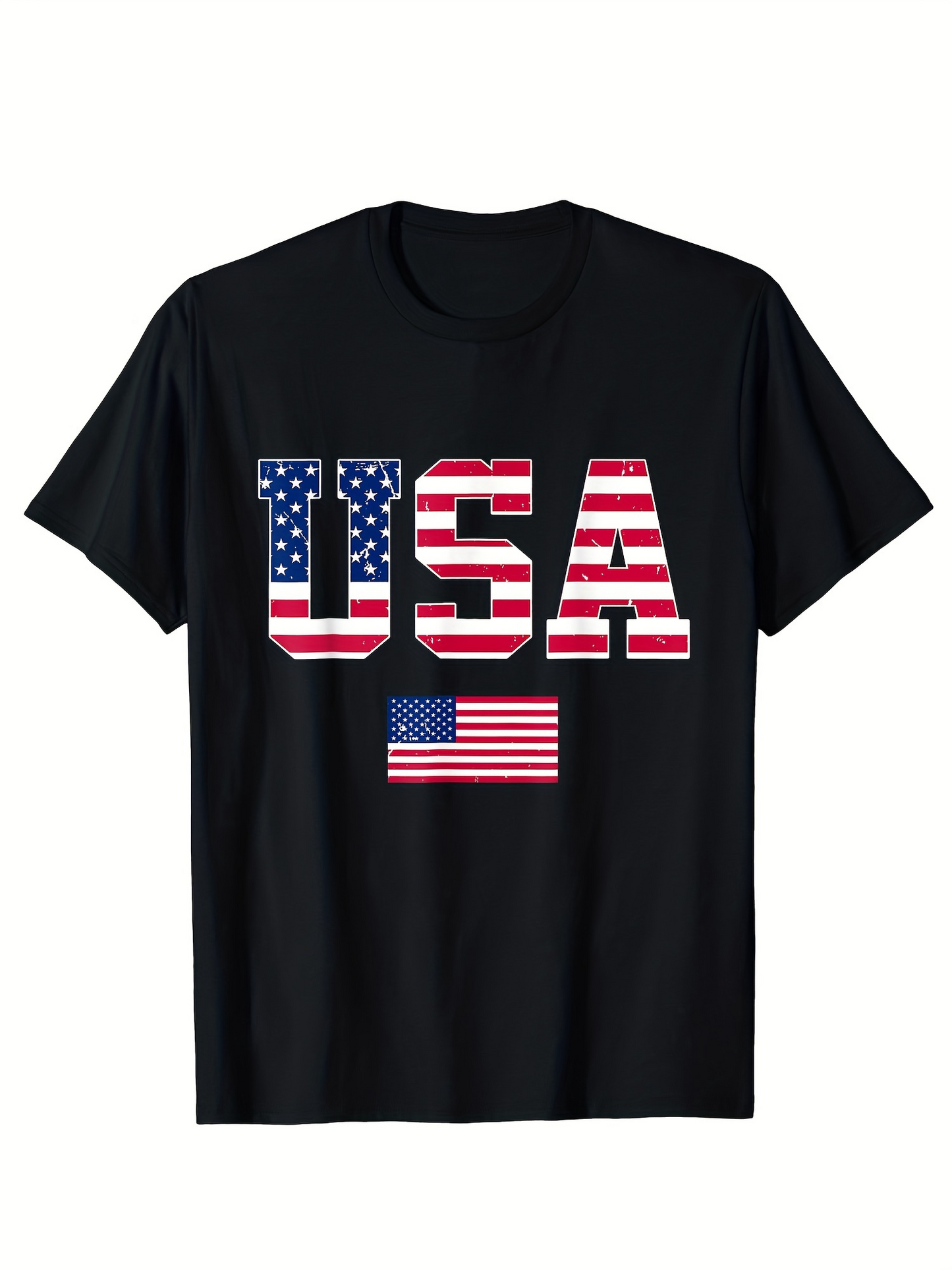 Men's Graphic T-Shirt USA Bold Letters With American Flag Motif Centered On Black T Shirt