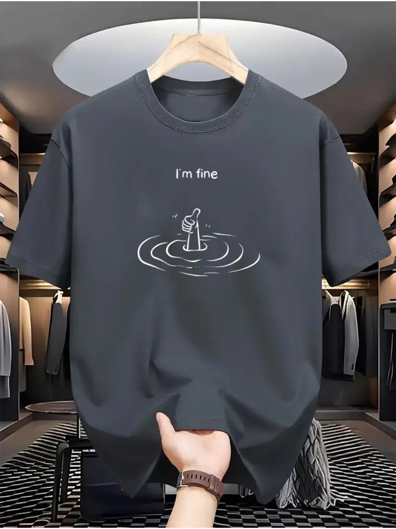 Men's Graphic T-Shirt Im Fine Wavy Water Ripples Around Drowning Person Sketch