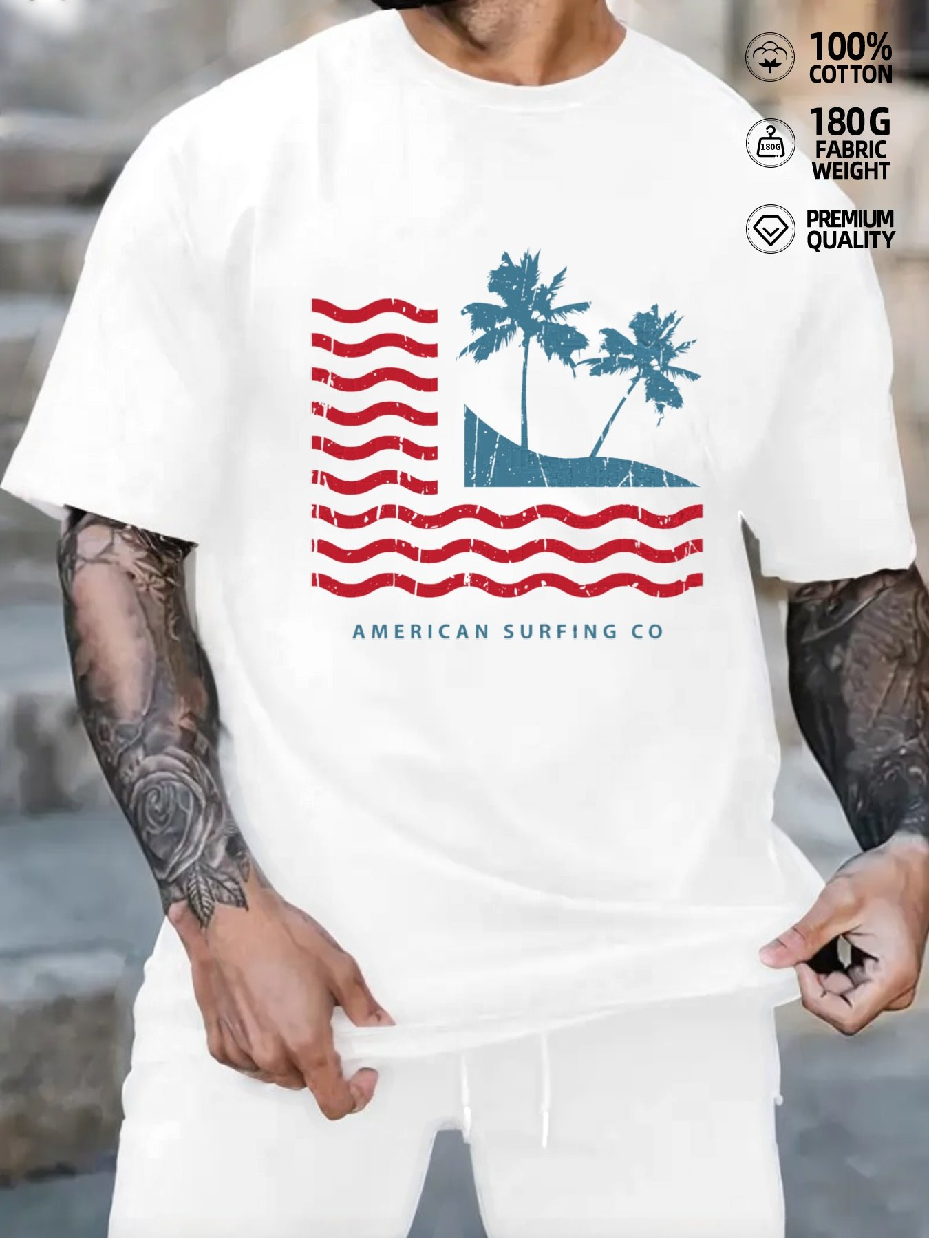 Men's Graphic T-Shirt American Surfing Co Blue Palms Over Waves With Summer Breeze Beach