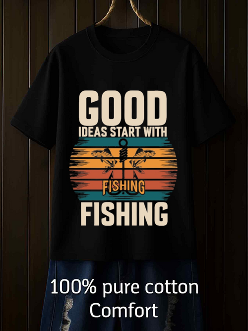 Men's Graphic T-Shirt Good Ideas Start With Fishing Among Sunset Lake With Reflections Featuring Fishing