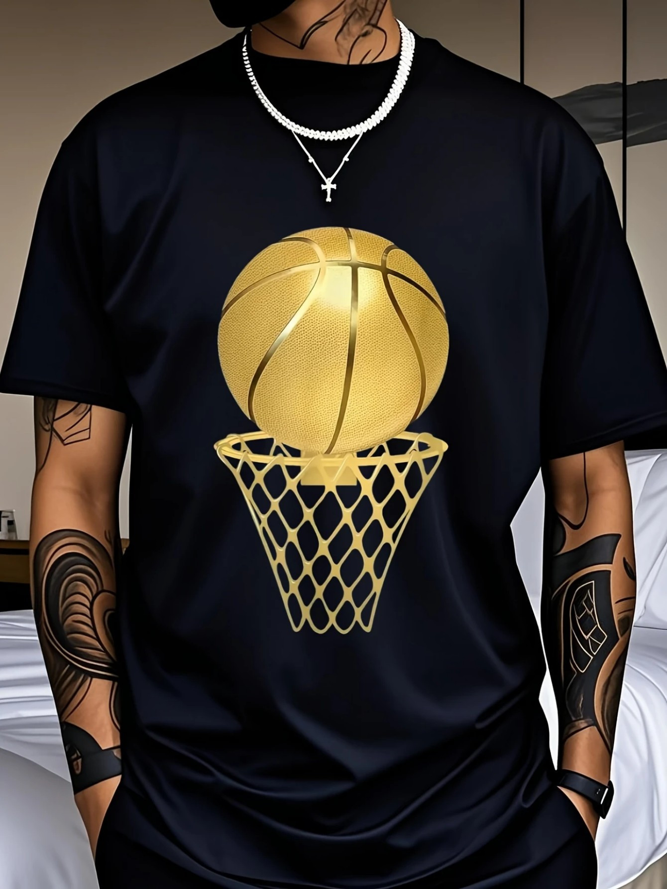 Men's Graphic T-Shirt Golden Basketball Above Shining Net Under Indoor Lighting Basketball
