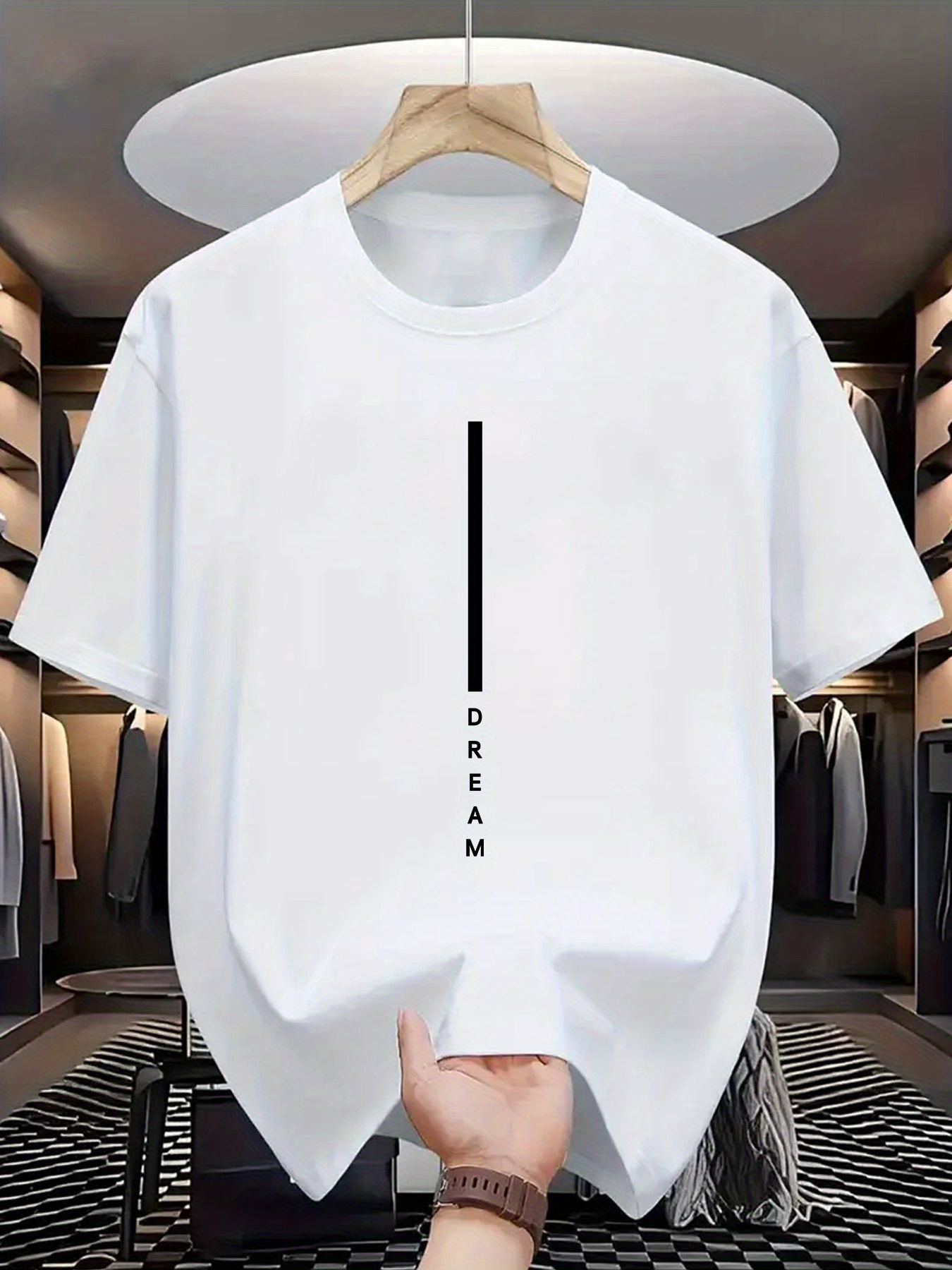 Men's Graphic T-Shirt Minimalist Black Line With Vertical Dream Text On White Tee