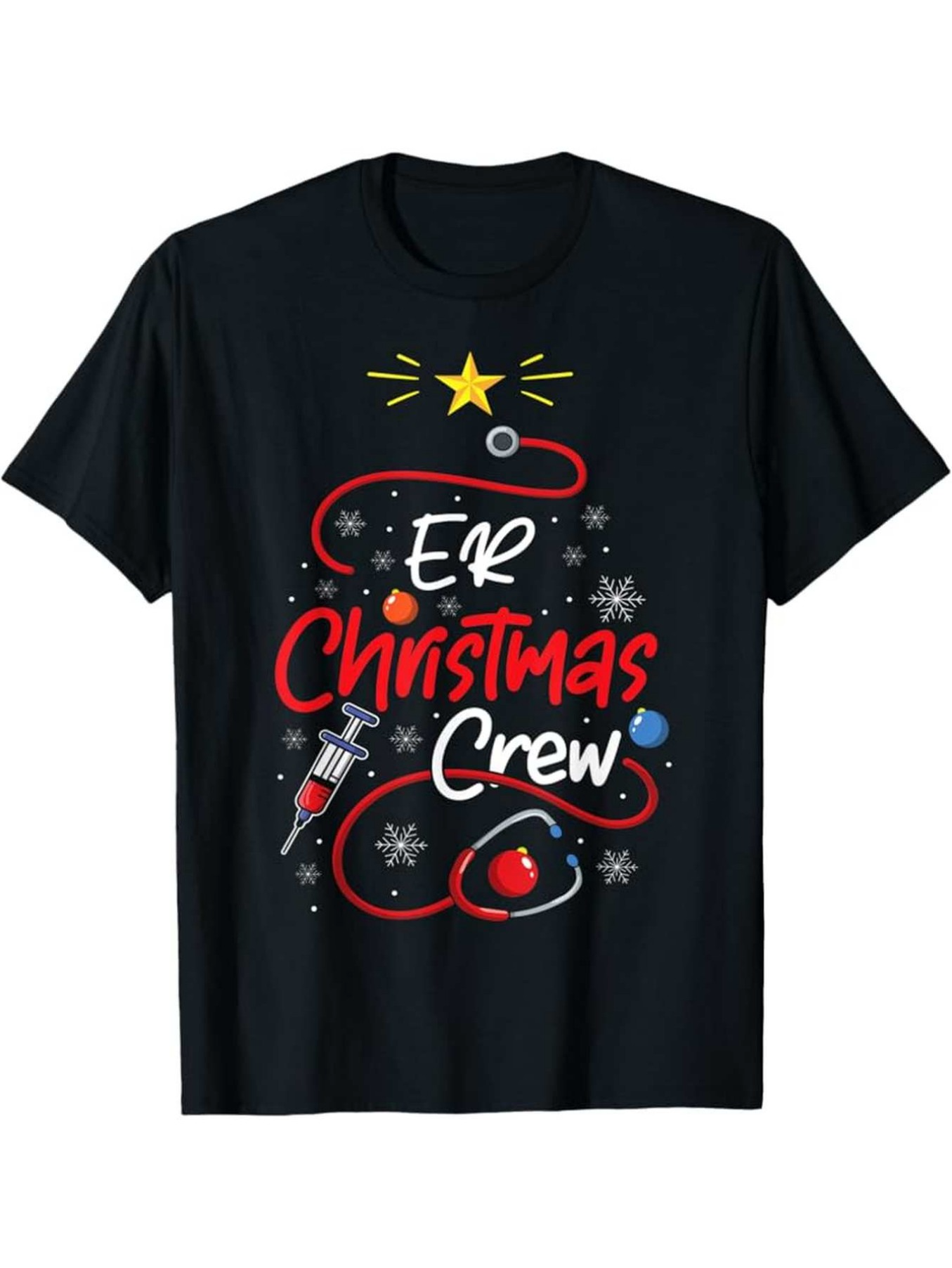 Men's Graphic T-Shirt ER Christmas Crew Festive Stethoscope With Sparkling Snowflakes Shirt