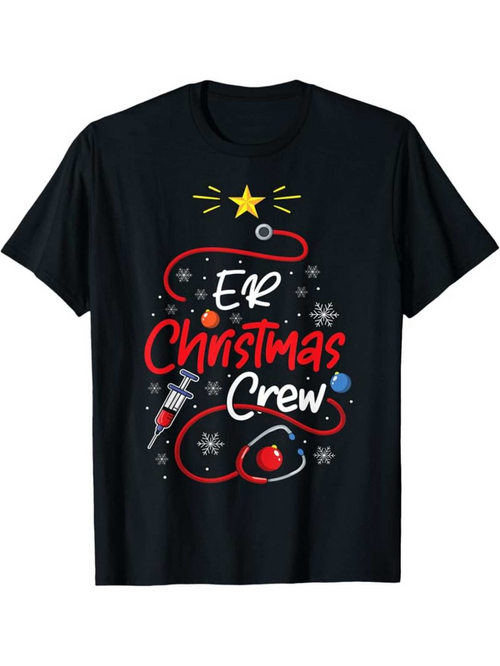 Men's Graphic T-Shirt ER Christmas Crew Festive Stethoscope With Sparkling Snowflakes Shirt