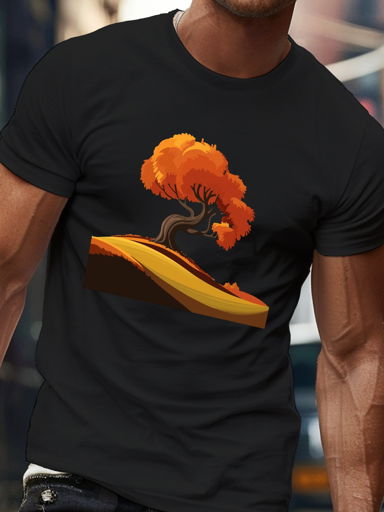 Men's Graphic T-Shirt Golden Autumn Hills With Vivid Orange Leaves Surrounding Lone Tree