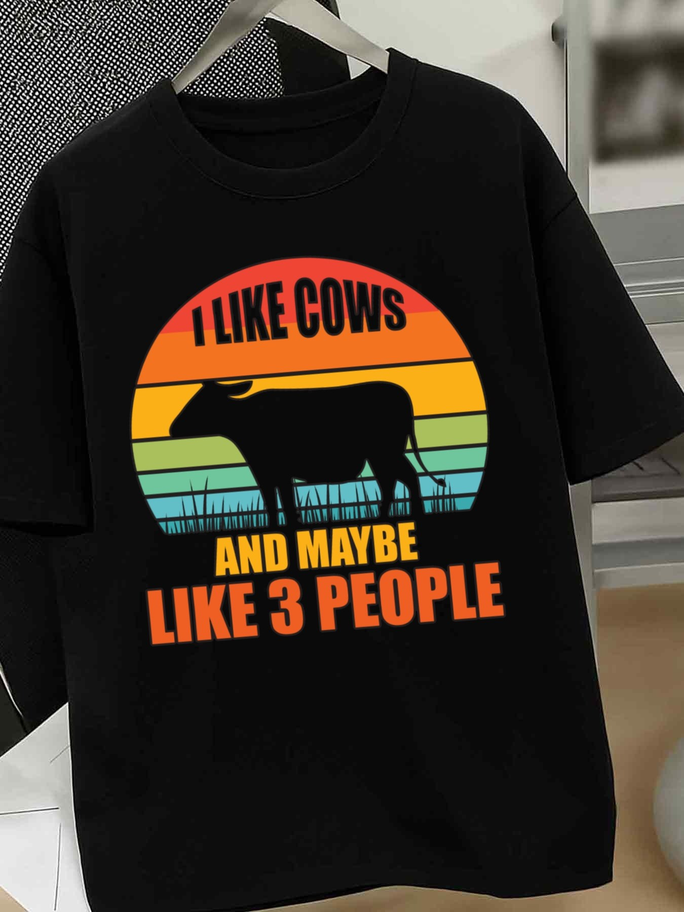 Men's Graphic T-Shirt I Like Cows Vintage Striped Sunrise Design With Silhouette Pasture Cow