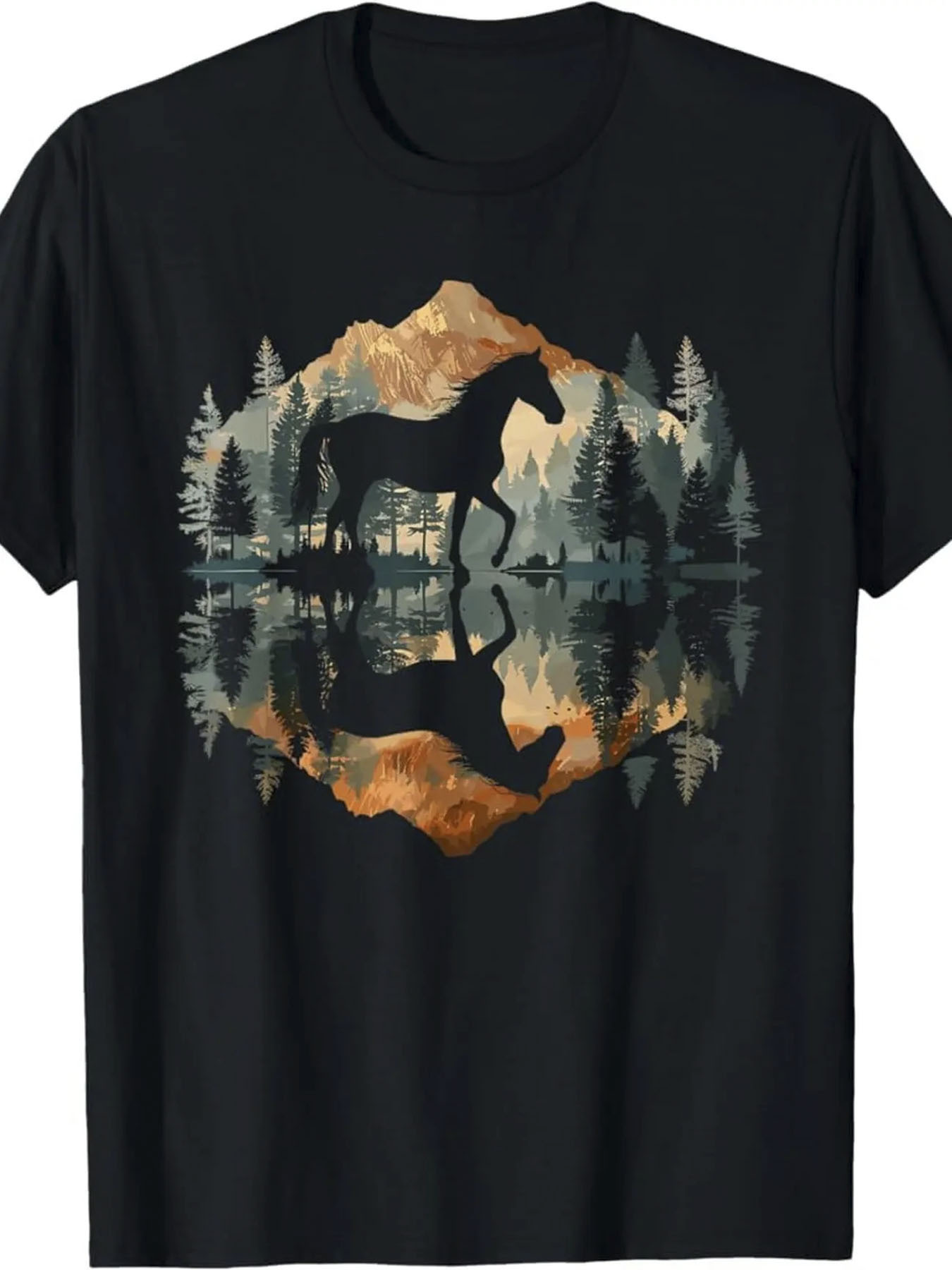 Men's Graphic T-Shirt Majestic Forest Landscape With Mountains Reflected In Still Water Horse