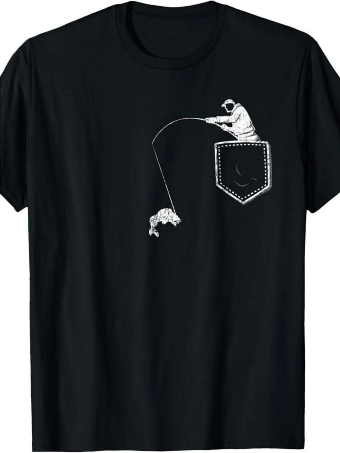 Men's Graphic T-Shirt Fisherman Sitting On Stitched Pocket With A Jumping Fish