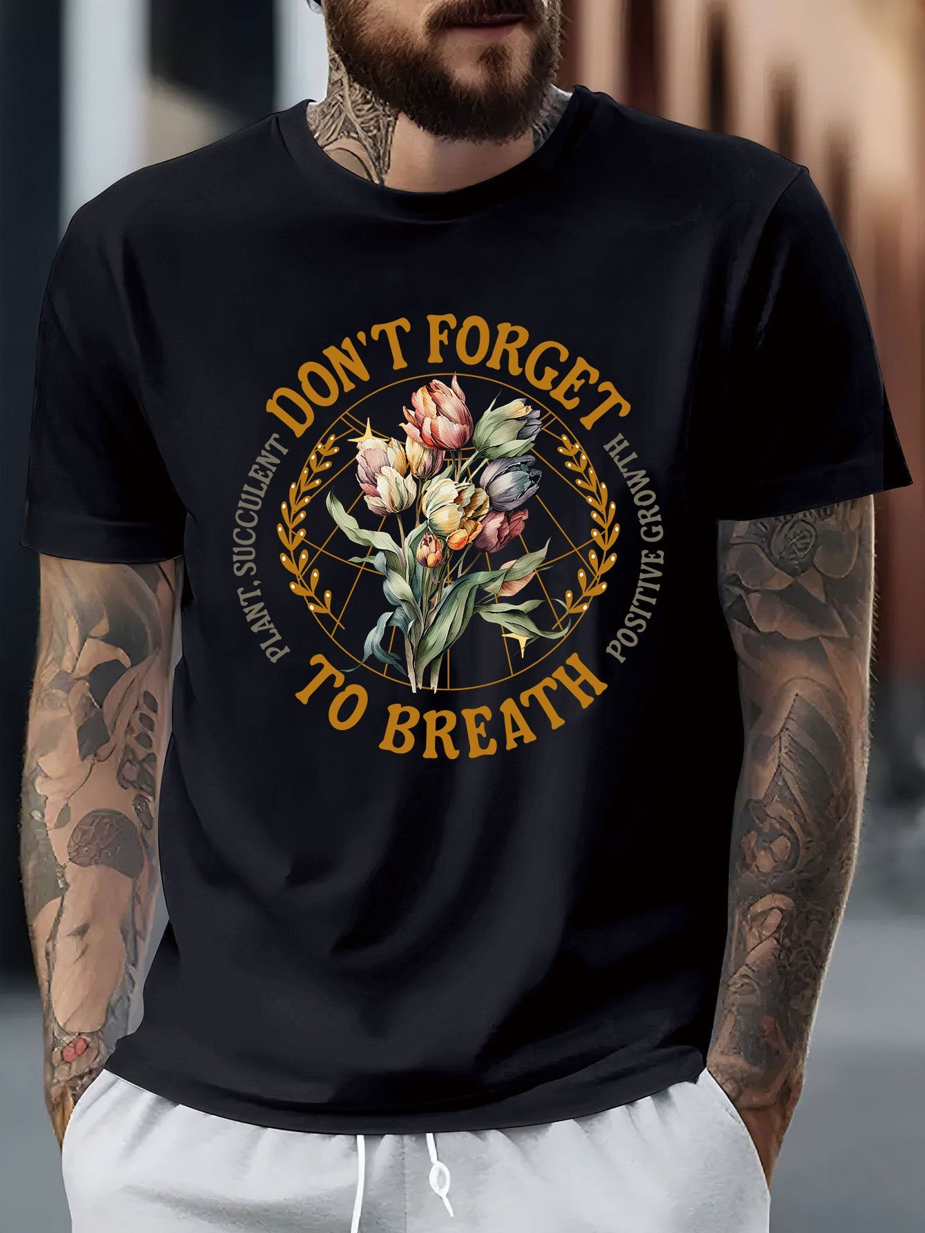 Men's Graphic T-Shirt Dont Forget To Breath Colorful Blossoming Flowers With Verdant Leaves Classic Botanical Illustration Bouquet