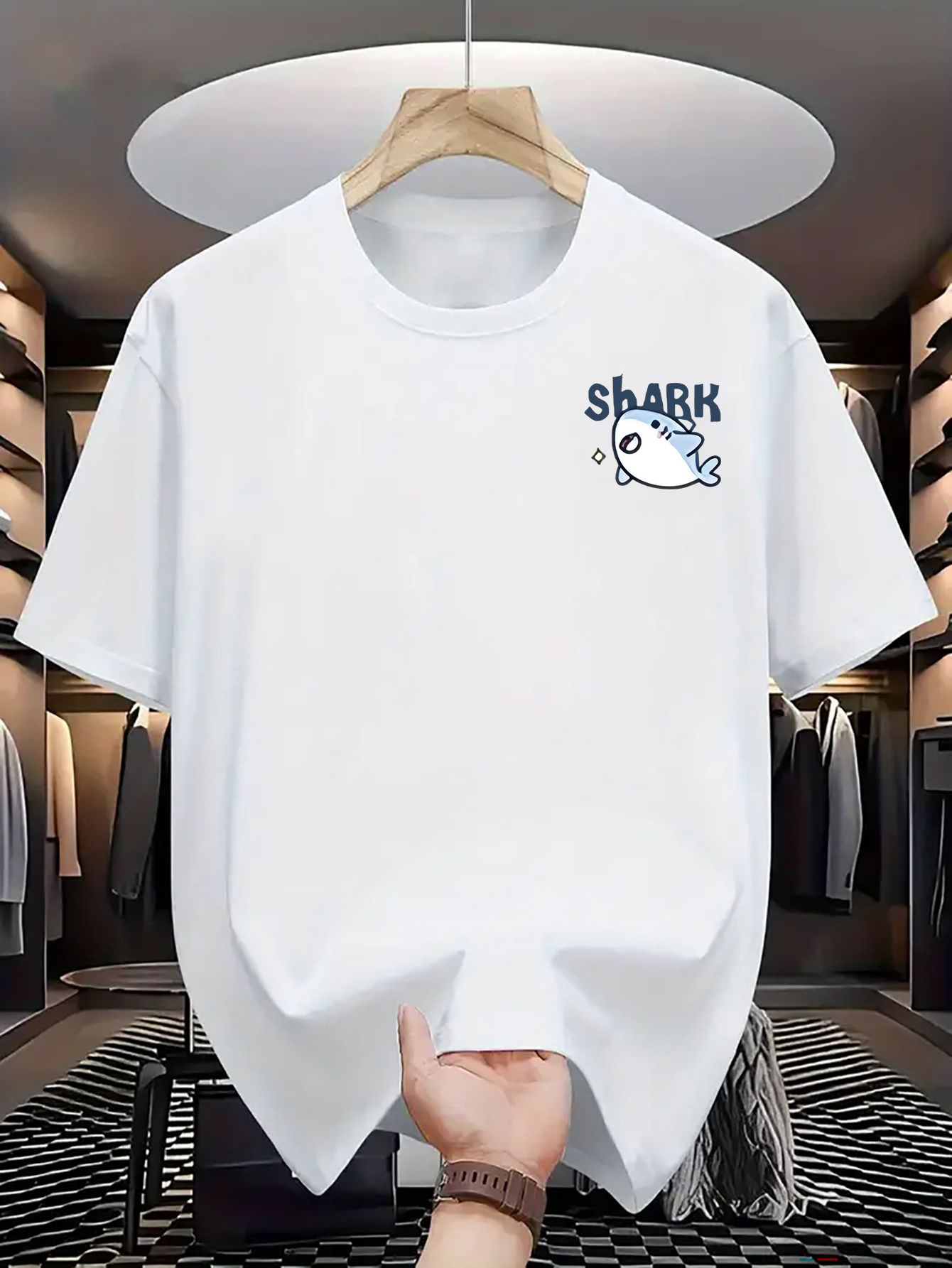 Men's Graphic T-Shirt Playful Blue Cartoon Underwater Shark With Air Bubbles