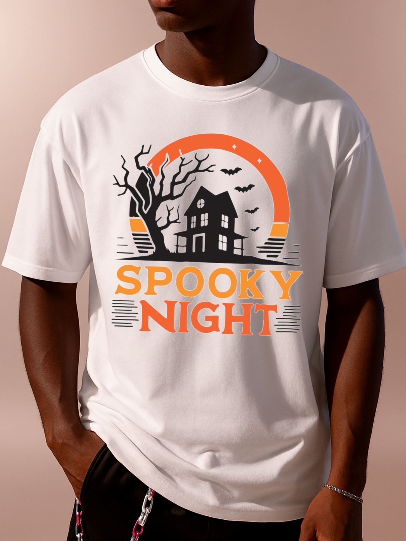 Men's Graphic T-Shirt Spooky Night Haunted House With Bare Tree Under Orange Moonlight
