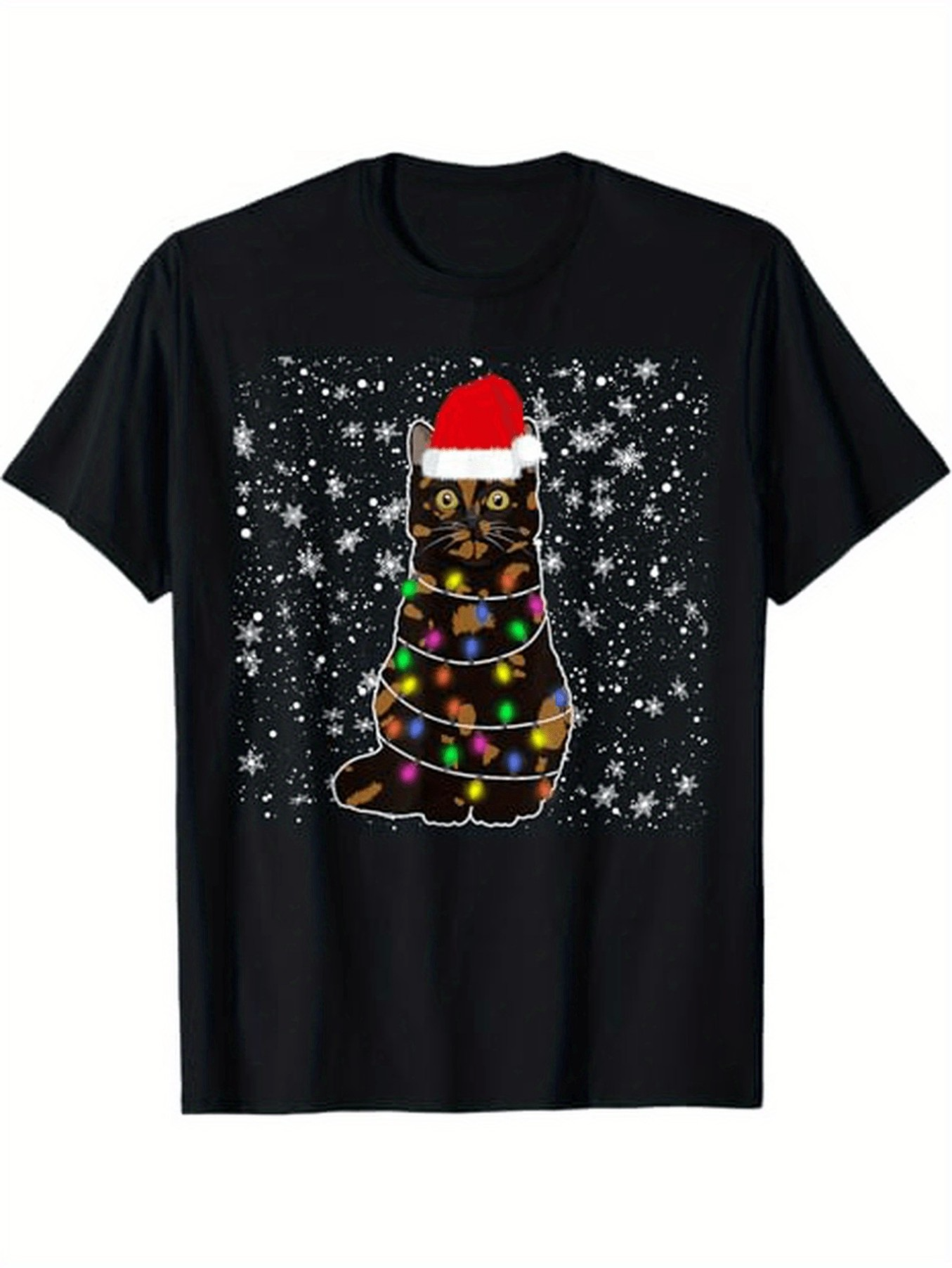 Men's Graphic T-Shirt Christmas Lights Wrapped Cat With Santa Hat And Snowfall