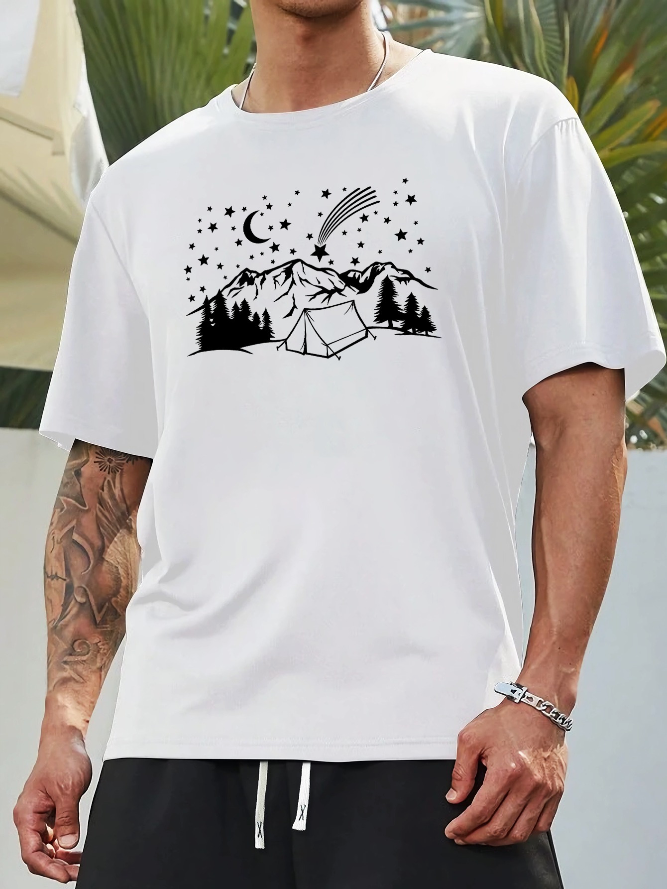 Men's Graphic T-Shirt Starry Night Sky With Crescent Moon Camp And Paraglider Over Mountains