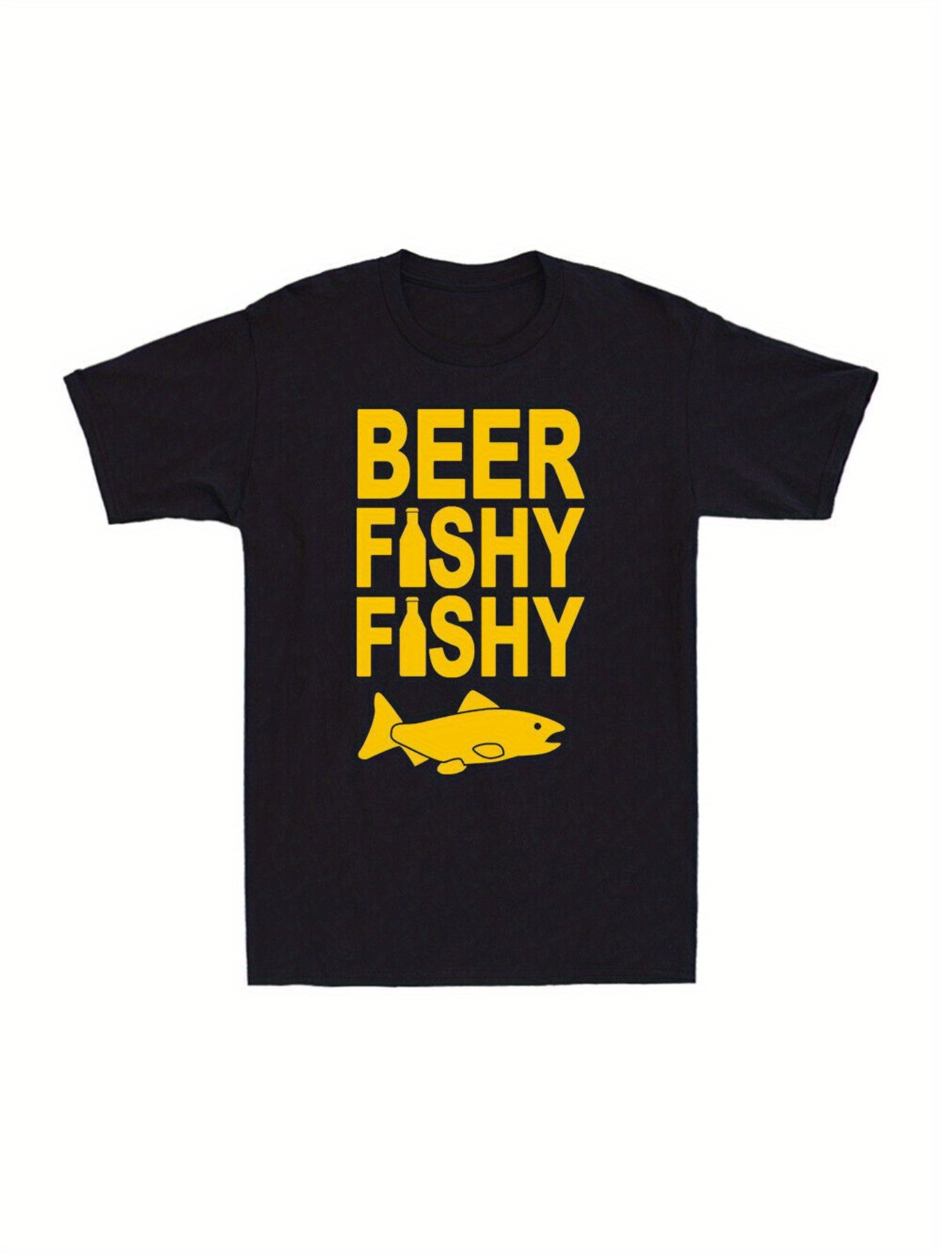 Men's Graphic T-Shirt Beer Fishy Fishy With Bold Yellow Lettering And Playful Gold Fish Illustration