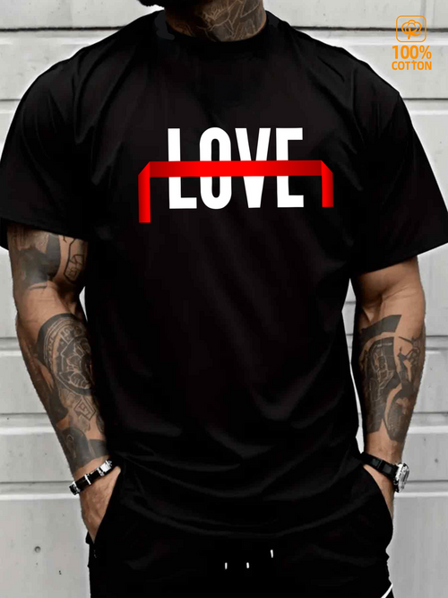 Men's Graphic T-Shirt White Bold Letters With Red Graphic Accent And Black Cotton Love T Shirt