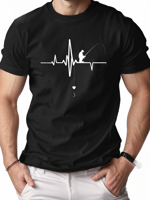 Men's Graphic T-Shirt Heartbeat Pulse Line With Silhouette And Simple Fishing Man
