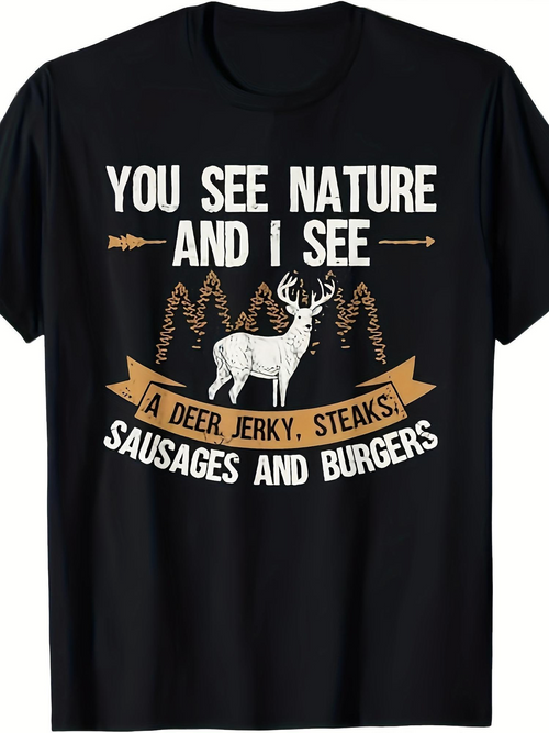 Men's Graphic T-Shirt You See Nature I See Jerky Steaks Sausages And Burgers Forest Trees With White Antlered Deer