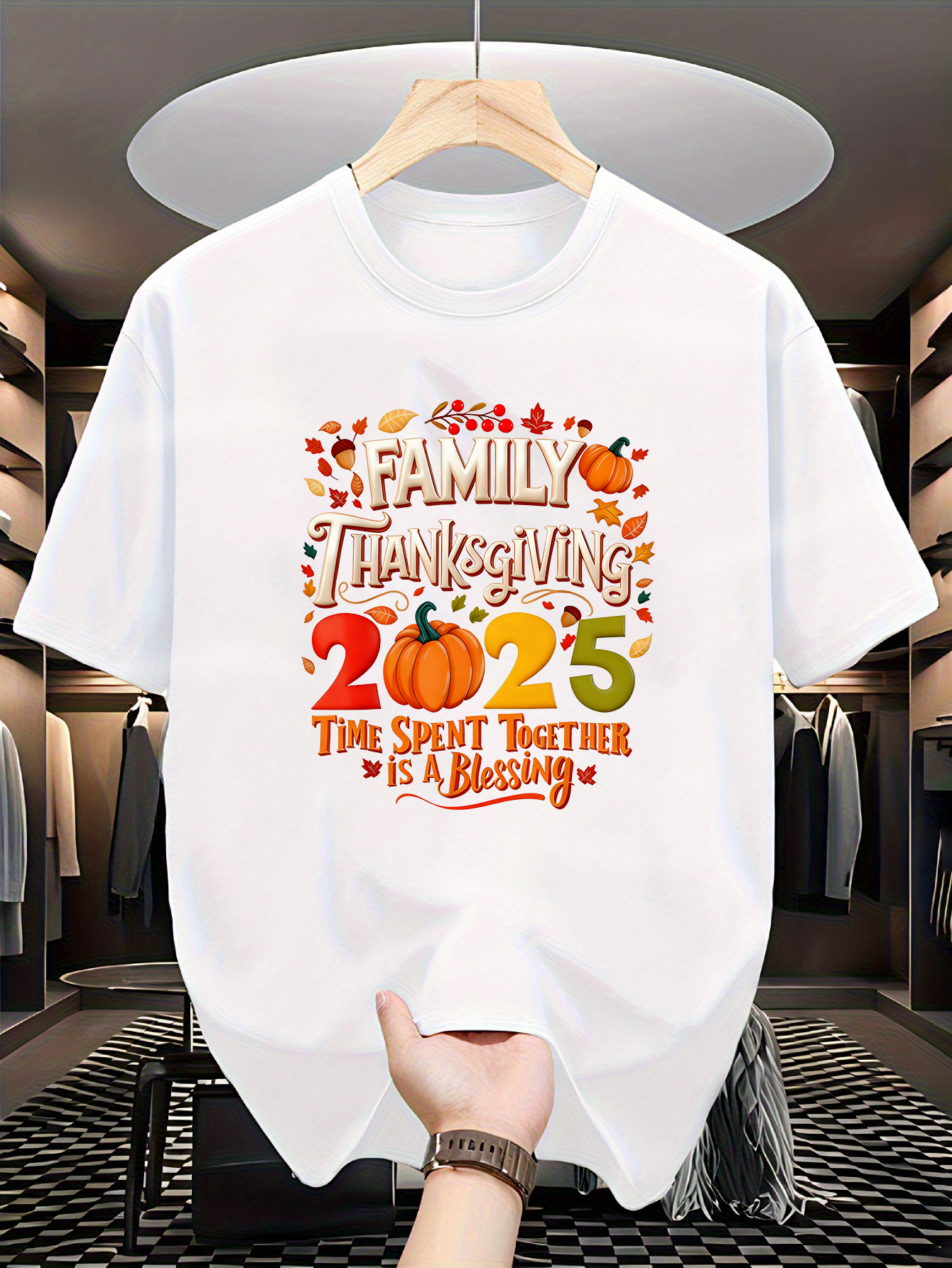 Men's Graphic T-Shirt Family Thanksgiving With Pumpkins Leaves Celebrating Together 2025 Blessing