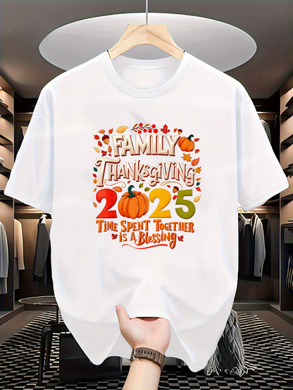 Men's Graphic T-Shirt Family Thanksgiving With Pumpkins Leaves Celebrating Together 2025 Blessing