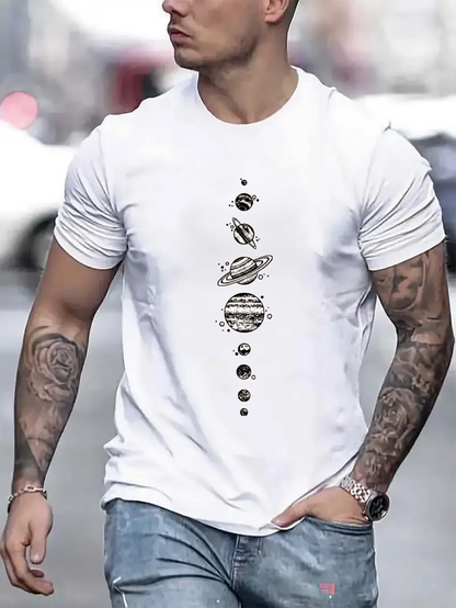 Men's Graphic T-Shirt Celestial Planets Floating With Varied Orbits Among White Space Shirt