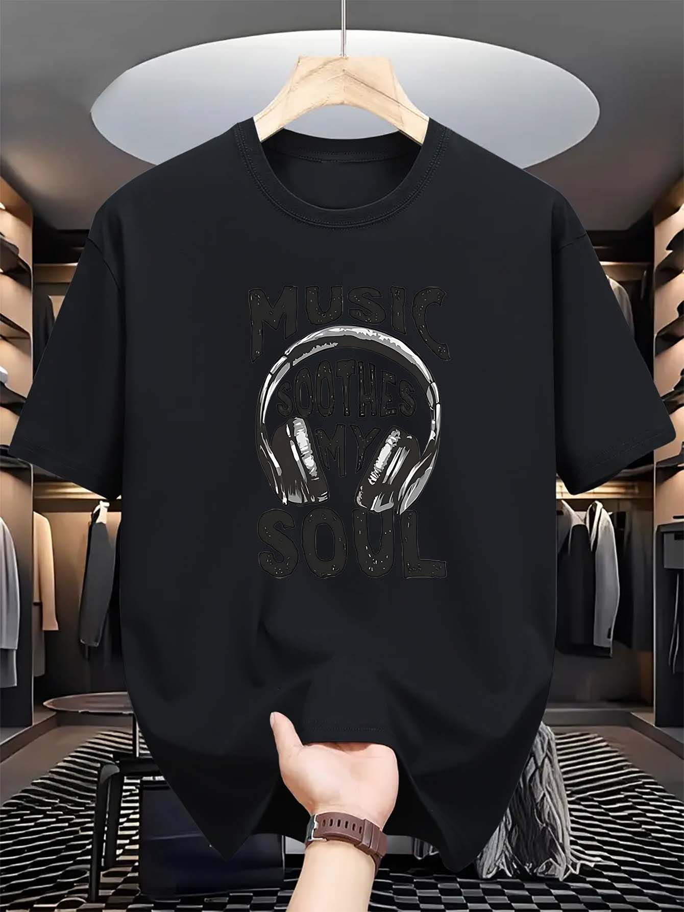Men's Graphic T-Shirt Music Gives Rhythm To The Soul With Headphones Surrounded By Energy