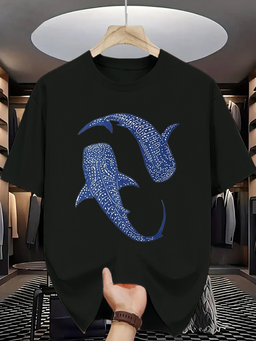 Men's Graphic T-Shirt Two Spotted Blue Sharks Swimming Gracefully Through Deep Black Ocean Water Shark