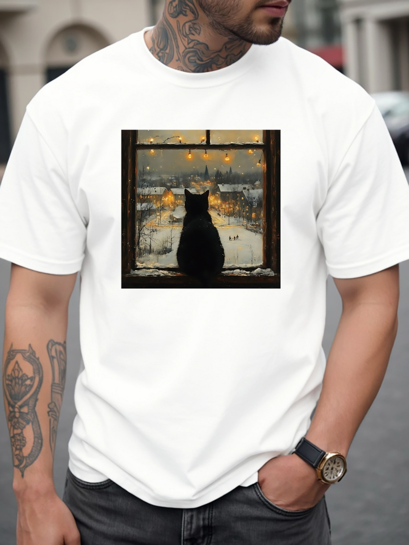 Men's Graphic T-Shirt Lonely Night Cat Gazing Through Rainy Window Into City Lights