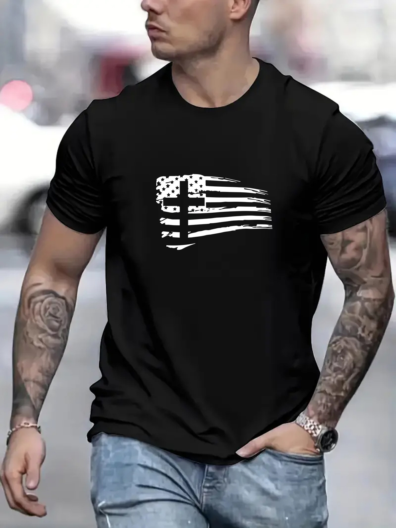 Men's Graphic T-Shirt Waving Black And White Graphic Stripes With Abstract Stars Flag