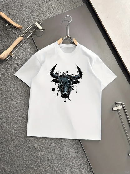 Men's Graphic T-Shirt Abstract Splattered Ink Design With Bold Black Bull Head