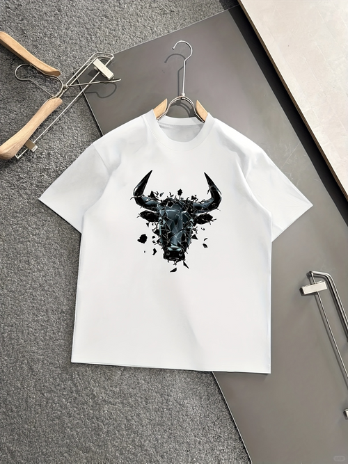 Men's Graphic T-Shirt Abstract Splattered Ink Design With Bold Black Bull Head