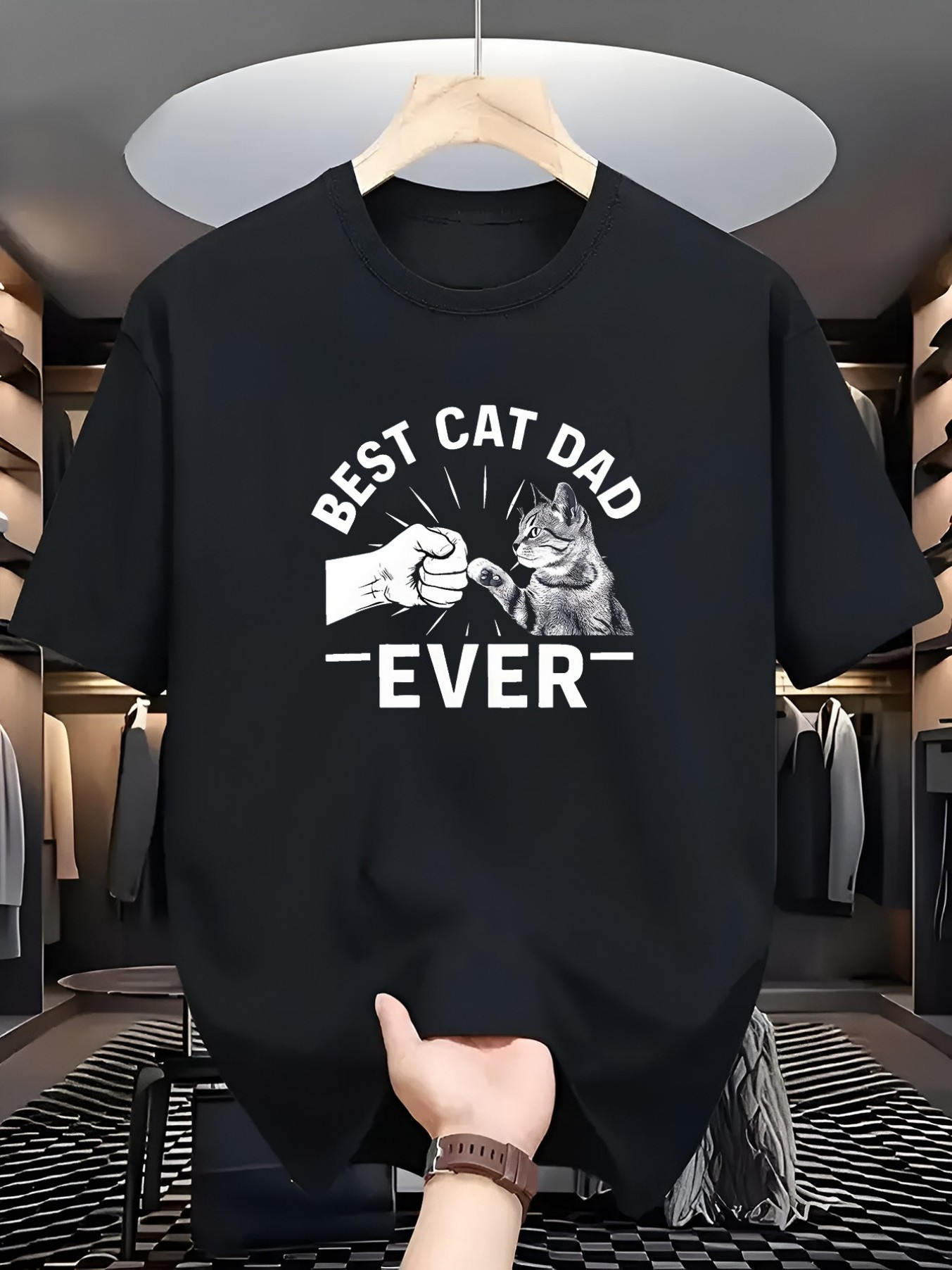 Men's Graphic T-Shirt Best Cat Dad Ever Playful Cat And Cartoon Hand Greeting Cat