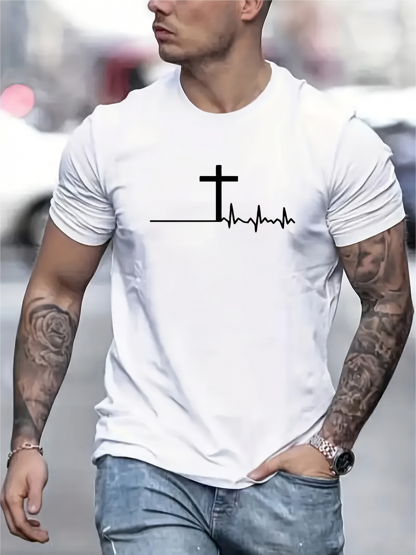 Men's Graphic T-Shirt Minimalist Heartbeat Line With Cross And Steady Pulse Symbol
