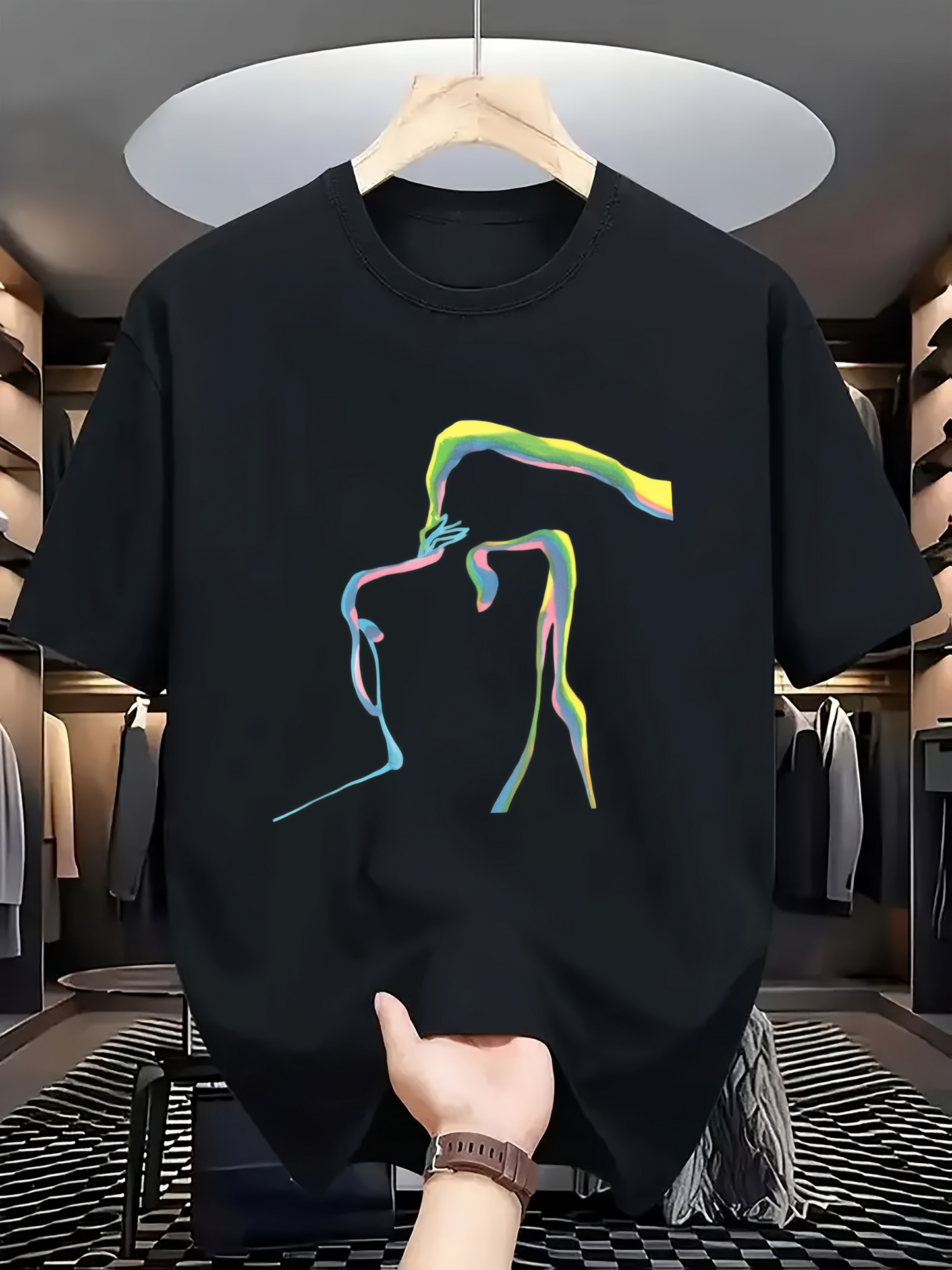 Men's Graphic T-Shirt Colorful Abstract Neon Lines Contouring Elegant Human Figure