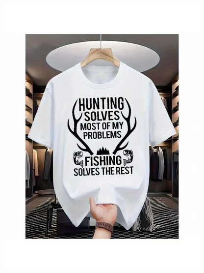 Men's Graphic T-Shirt Hunting Solves Most Of My Problems Fishing Solves The Rest With Antlers And Fish Outline